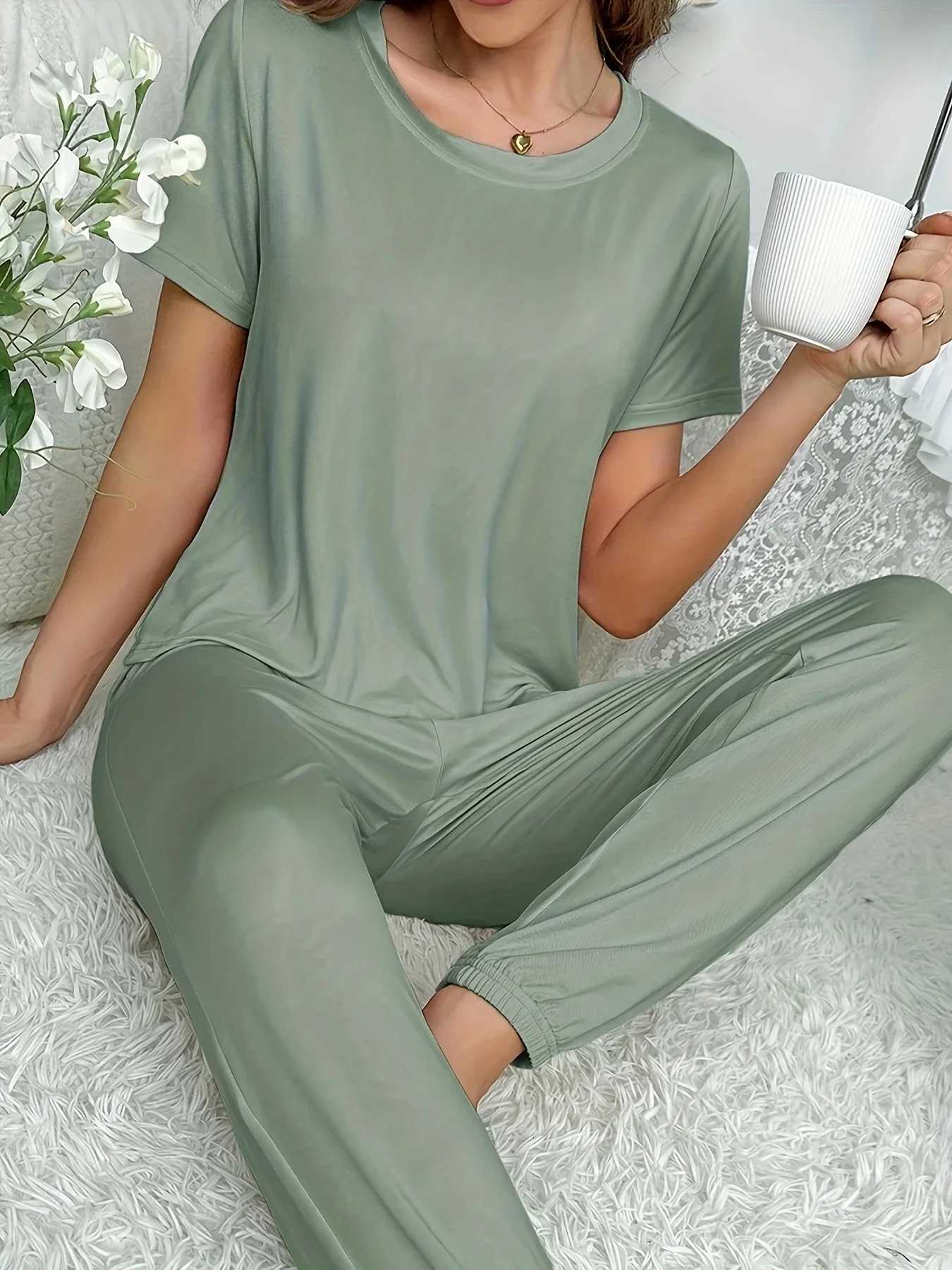 Women's Sleep Lounge Women's Pajamas 2025-2026 New Style Short Sleeve Trousers Elegant Casual Two-Piece Solid Color At Home Can Outside Wear - view 6