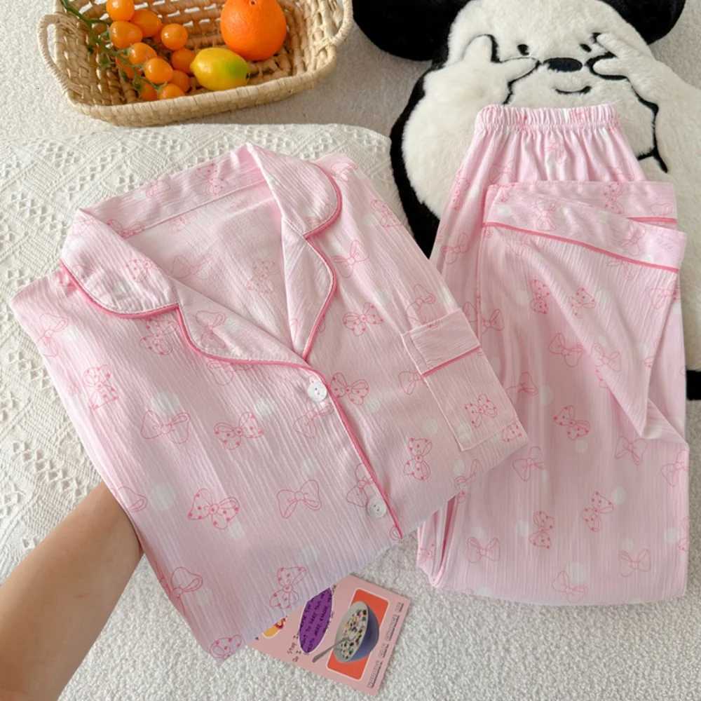 Women's Sleep Lounge Spring and Autumn New Women's Pajama Home Clothes Set Pink Bow Collar Loose Pajama Home Clothes Long Sleeve Long Pants  - view 3