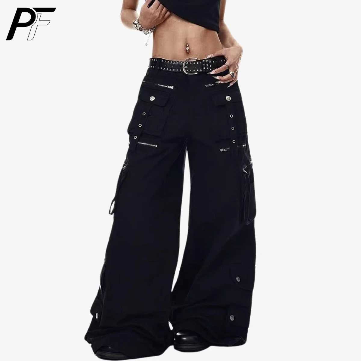 Men's Jeans Grunge Techwear Wide Leg Cargo Pants Y2K Utility Trouser with Multi Pockets High Waist Vintage Streetwear Denim Jeans Daily Wear H260