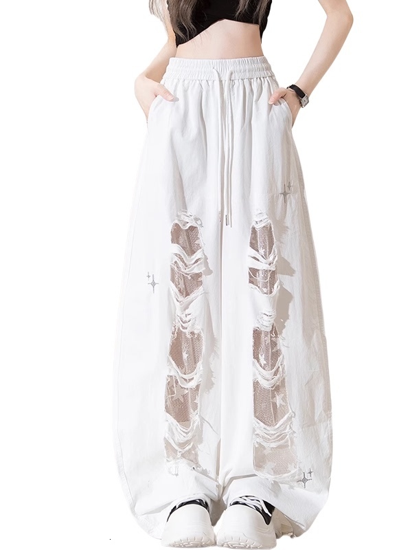 Lace Patchwork Hole Net Underlay Denim Pants Women Summer Loose Design Wide Leg Straight White Long Trousers Casual Style - view 3
