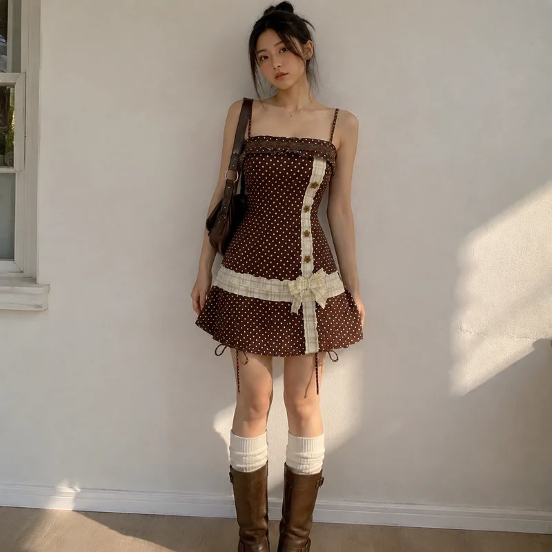 Womens Mini Dress Brown Polka Dot Spaghetti Strap Square Neck Bow Ruffle Trim A Line Y2K Summer Cute Casual Dress 260924 - view 3