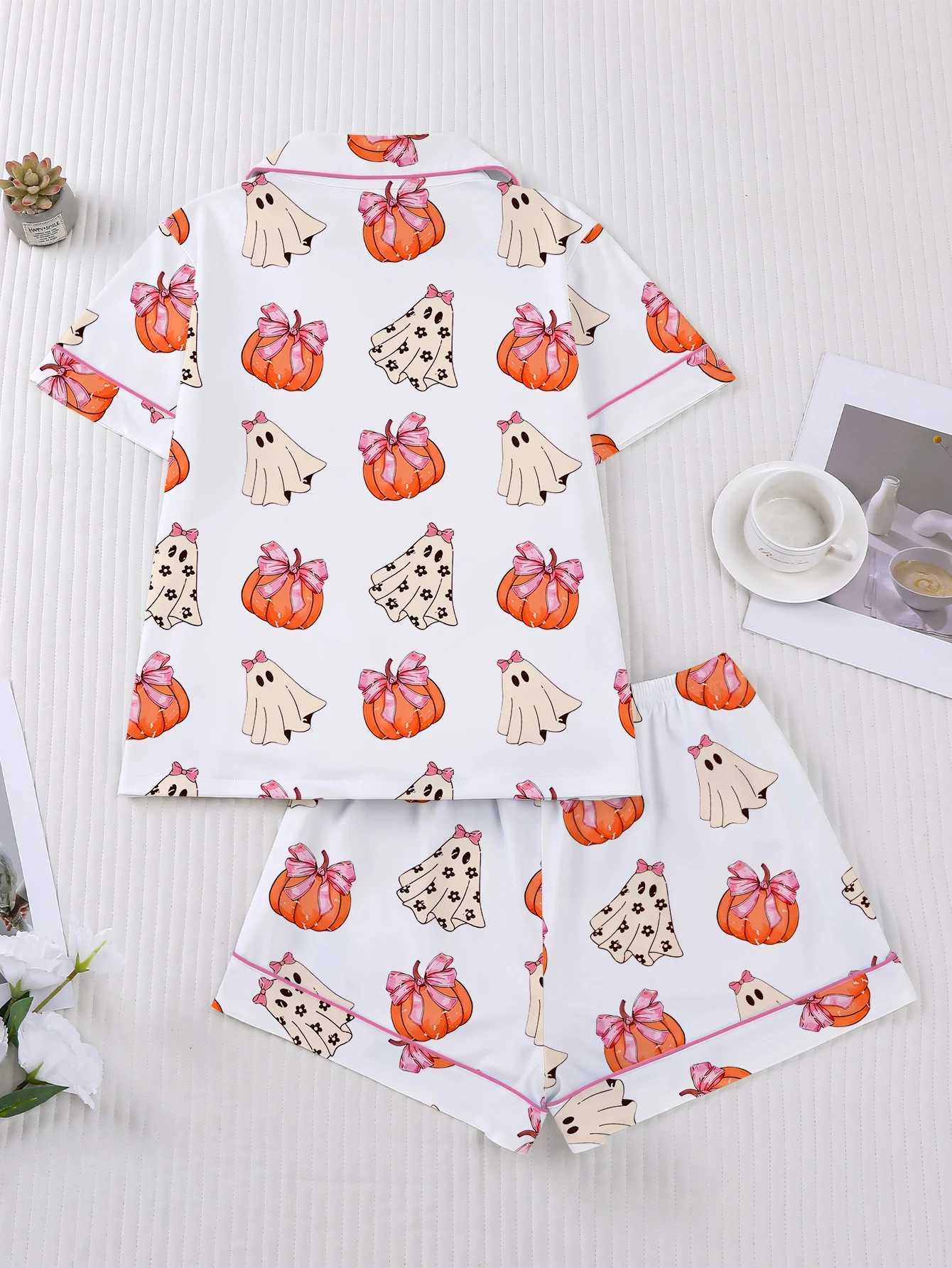 Women's Sleep Lounge Women's Sleepwear Halloween Print Pajamas Set Collar Short Sleeved Shirt With Shorts Home Suit Set Loungewear Set Pyjam - view 5