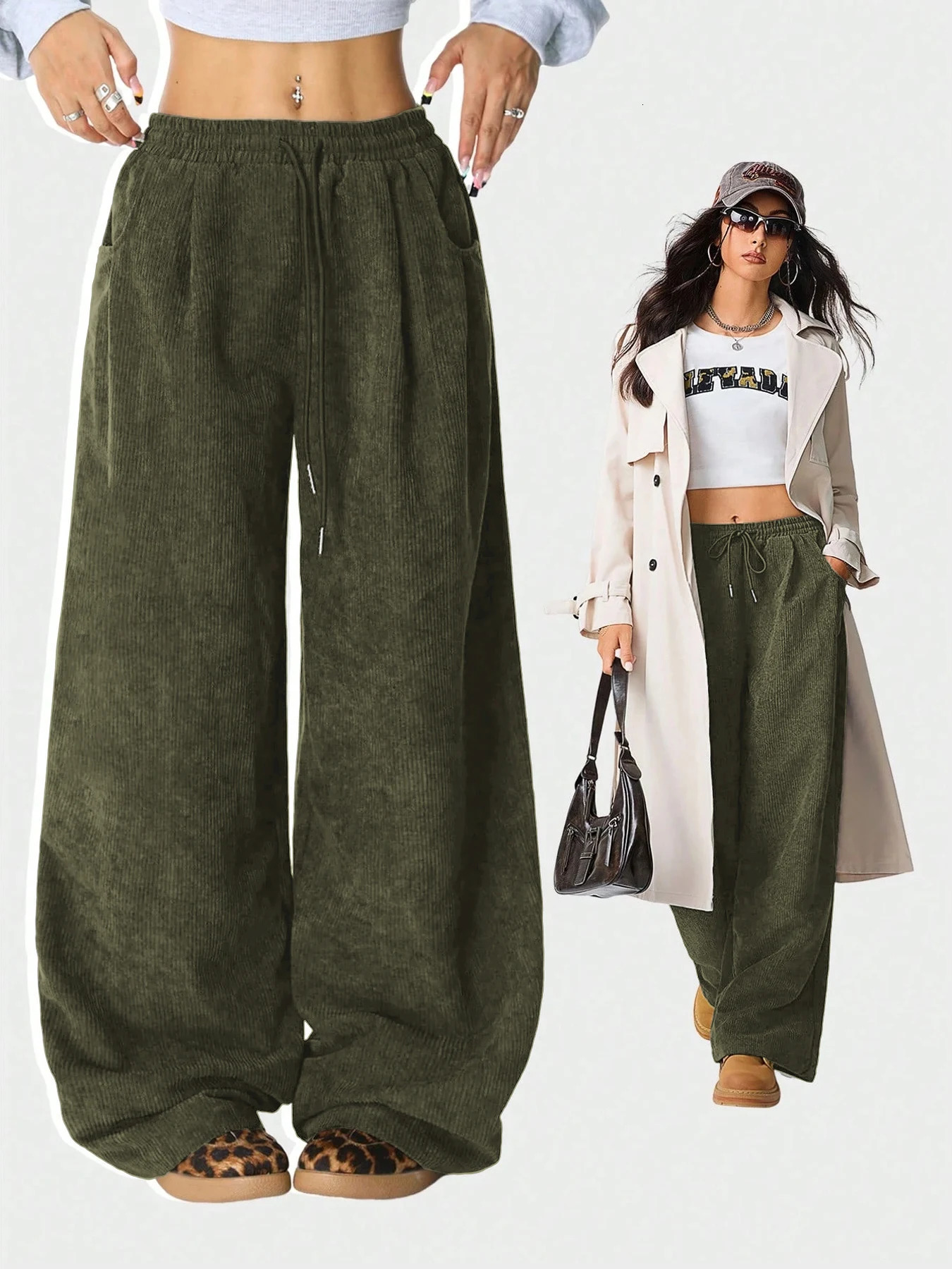 Womens Retro Corduroy Cargo Pants Casual Drawstring Straight Sports Pants Drape Daily Commuting Wide Leg Pants 260924 - view 6