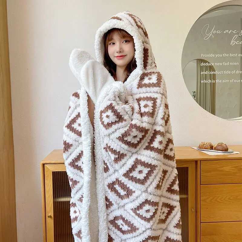Lounge Women's Sleep Ins Bohemia Blanket Flannel Cloak Hooded With Hat Wearable Winter Warm Women Home CosplayC260924