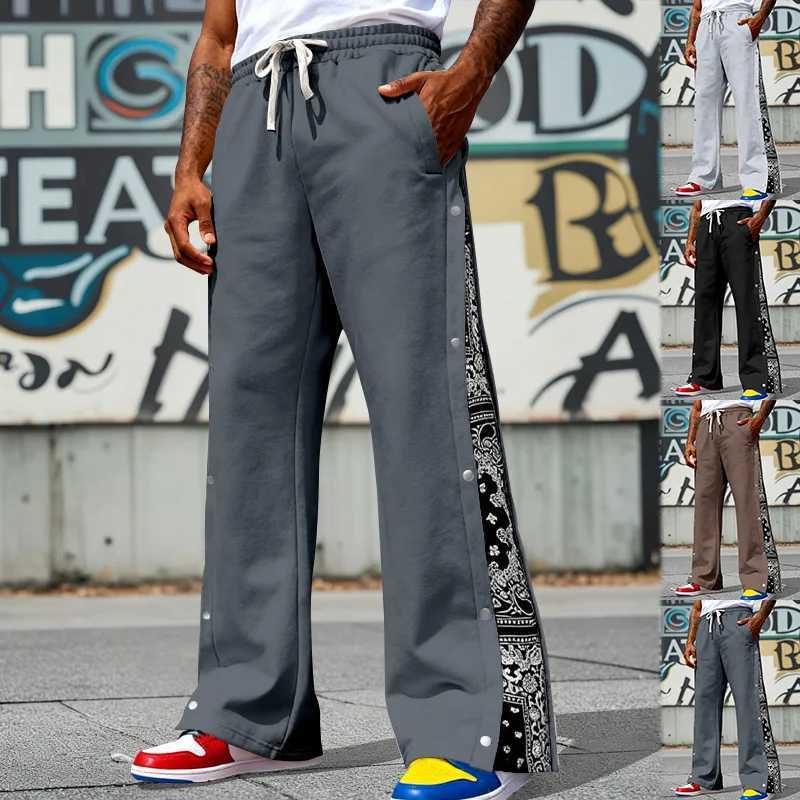 Men's Pants Men Wide Leg Sweatpants Side Button Paisley Patchwork Trousers Elastic dr1 Hip Hop Streetwear Loose Casual Sports Pants D260924