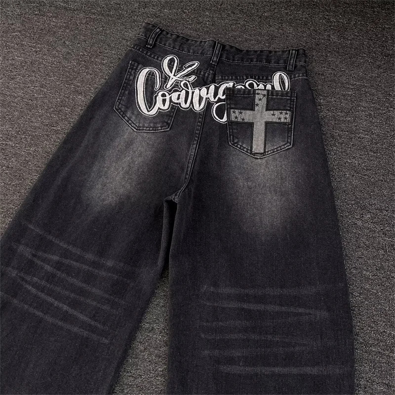 Goth Letter Printed Black Curved Denim Trousers For Men Y2K Vintage Streetwear Straight Jeans Hip Hop Fashion Baggy Jean Pants 260923 - view 4