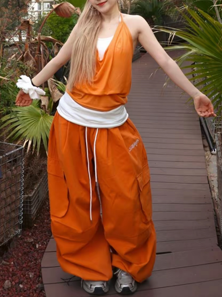 Dopamine Orange Wide Leg Women's American Hot Girl Jazz Street Dance Casual Loose Long Pants Versatile Cotton Linen Blend - view 5