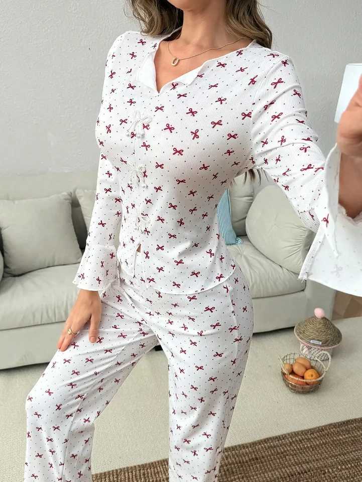 Women's Sleep Lounge Women's Ribbed Knit Pajama Set Long Sleeve Ruffle Cuff Bow Print Soft Loungewear H260924 - view 6