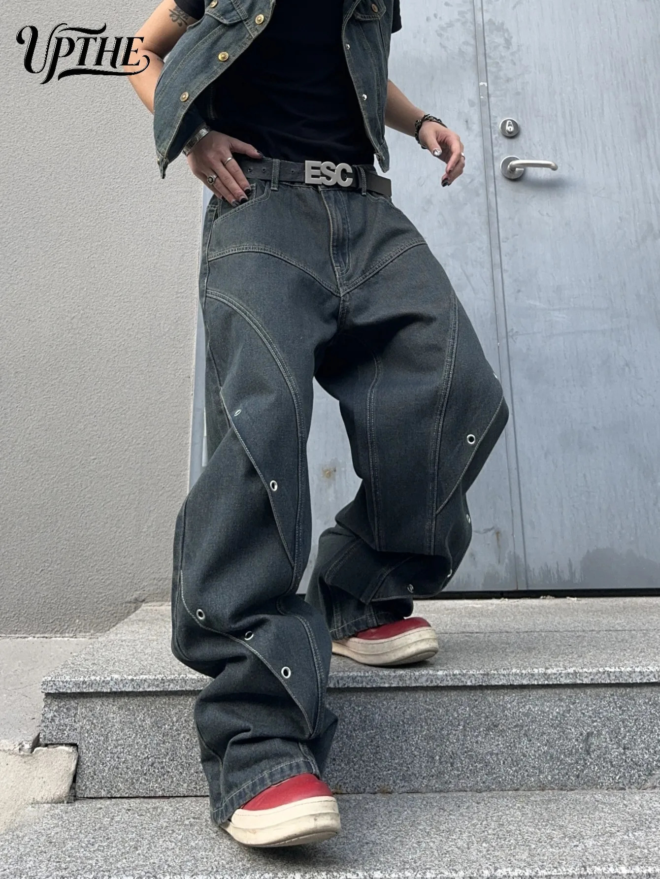 UP.THE Men Dark Raw Denim Baggy Wide Leg Jeans Y2K Oversized Loose Curved Spliced Eyelet Denim Pants Industrial Streetwear Trousers for Daily Outfits  - view 3