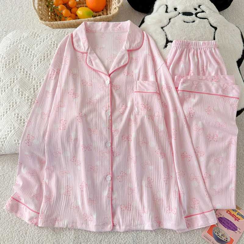 Women's Sleep Lounge Spring and Autumn New Women's Pajama Home Clothes Set Pink Bow Collar Loose Pajama Home Clothes Long Sleeve Long Pants  - view 4