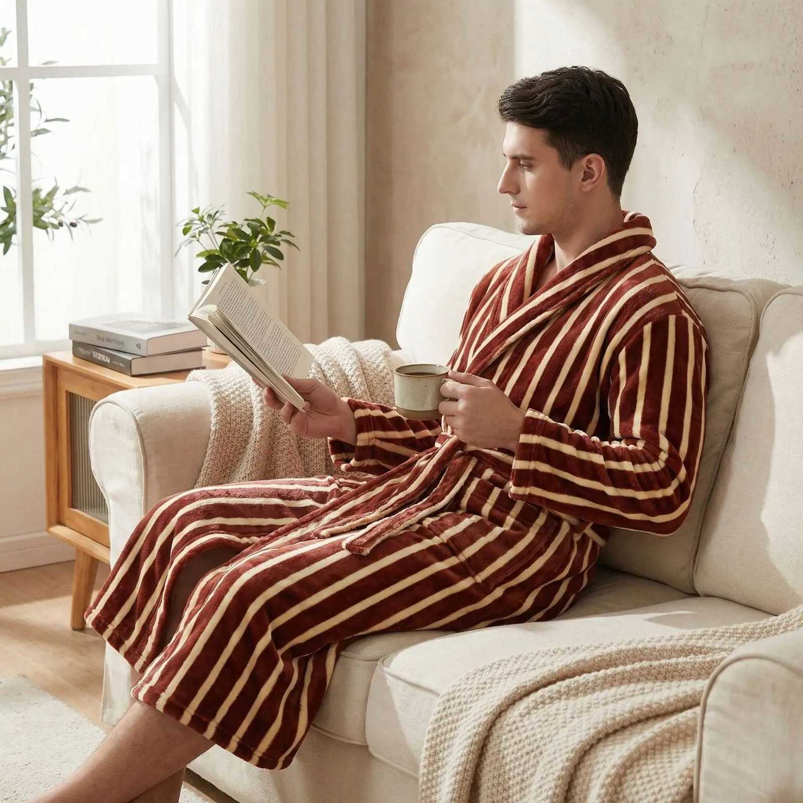 Sleep Lounge Women's Autumm Winter New Flannel Robe Kimono Gown Sleepwear Men's Thicken Warm Stripe Bathrobe Home Clothes Coral Fleece Loung - view 4