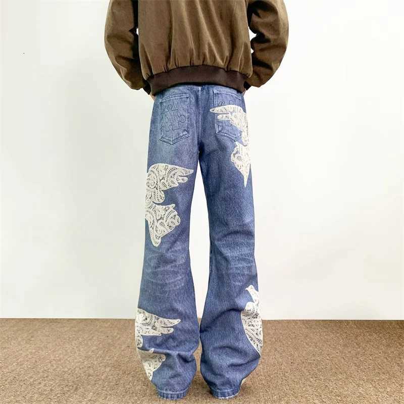 Men's Jeans Spring Men's Dove Of Peace Appliques Embroidered Jeans New Y2K Vintage Straight Baggy Denim Pants Washed Streetwear Blue Jean H2 - view 6