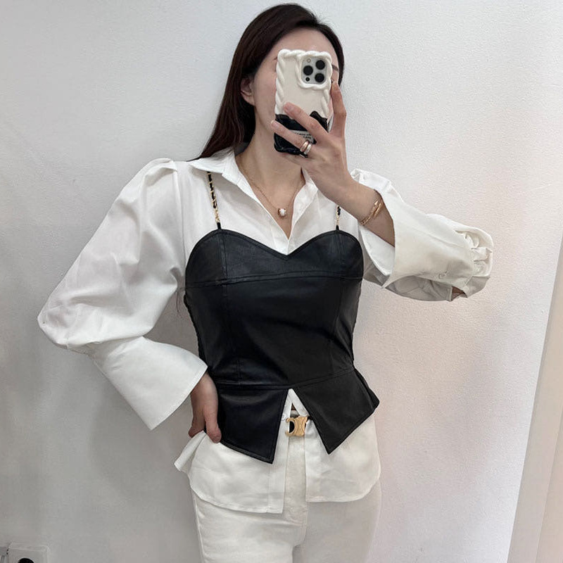 Elegant OL Style Shirt And PU Leather Vest Two-Piece Set Women's Fashion Design Turn-down Collar Trendy Autumn Collection