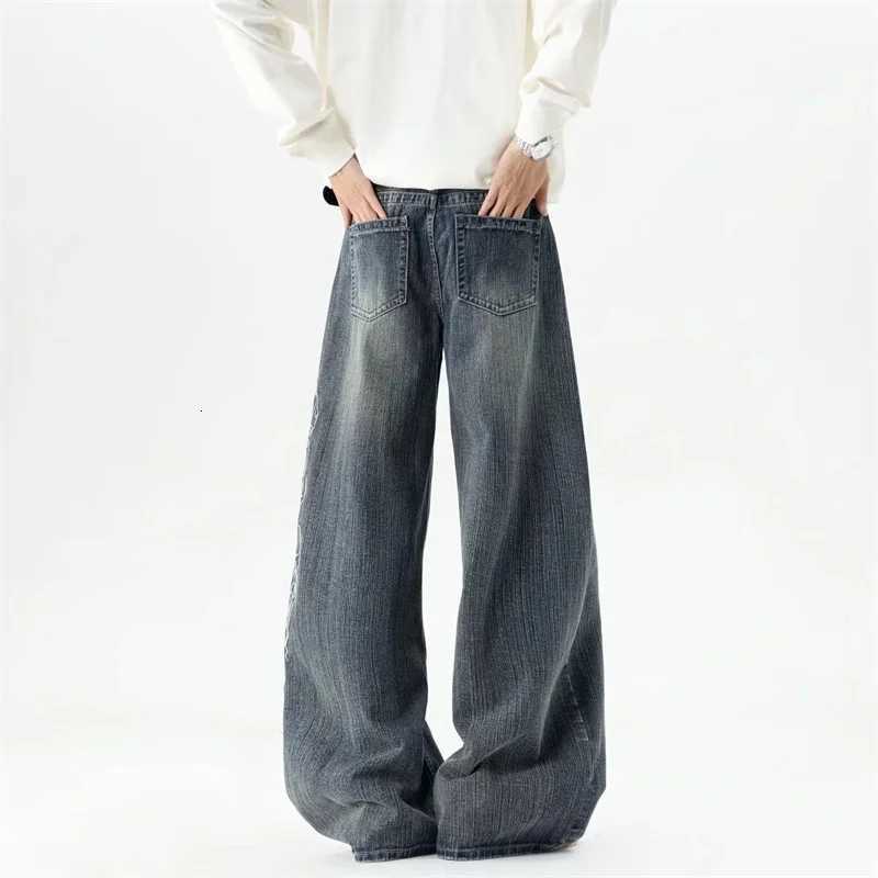 Men's Jeans New Men's Hip Hop Fashion Straight Baggy Denim Pants Y2K Flame Embroidered Streetwear Flared Jeans Harajuku Streetwear Jean H260 - view 5