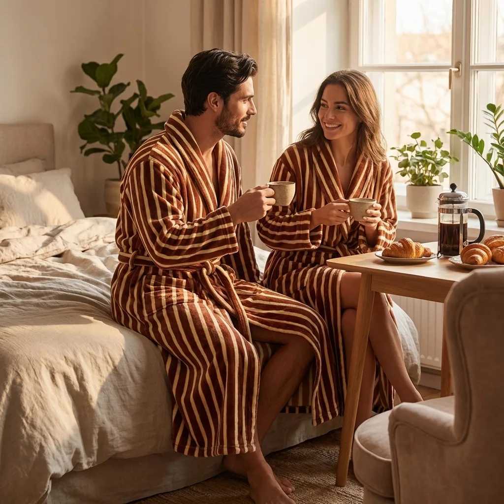 Sleep Lounge Women's Autumm Winter New Flannel Robe Kimono Gown Sleepwear Men's Thicken Warm Stripe Bathrobe Home Clothes Coral Fleece Loung - view 6