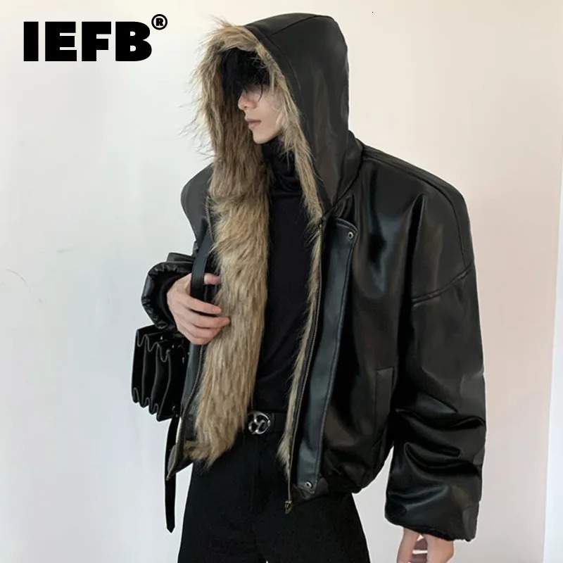 IEFB High Street Men's PU Leather Coats Hooded Solid Color Faux Fur Patchwork Reversible Zipper Loose Male Jackets Winter 9X1155 260923
