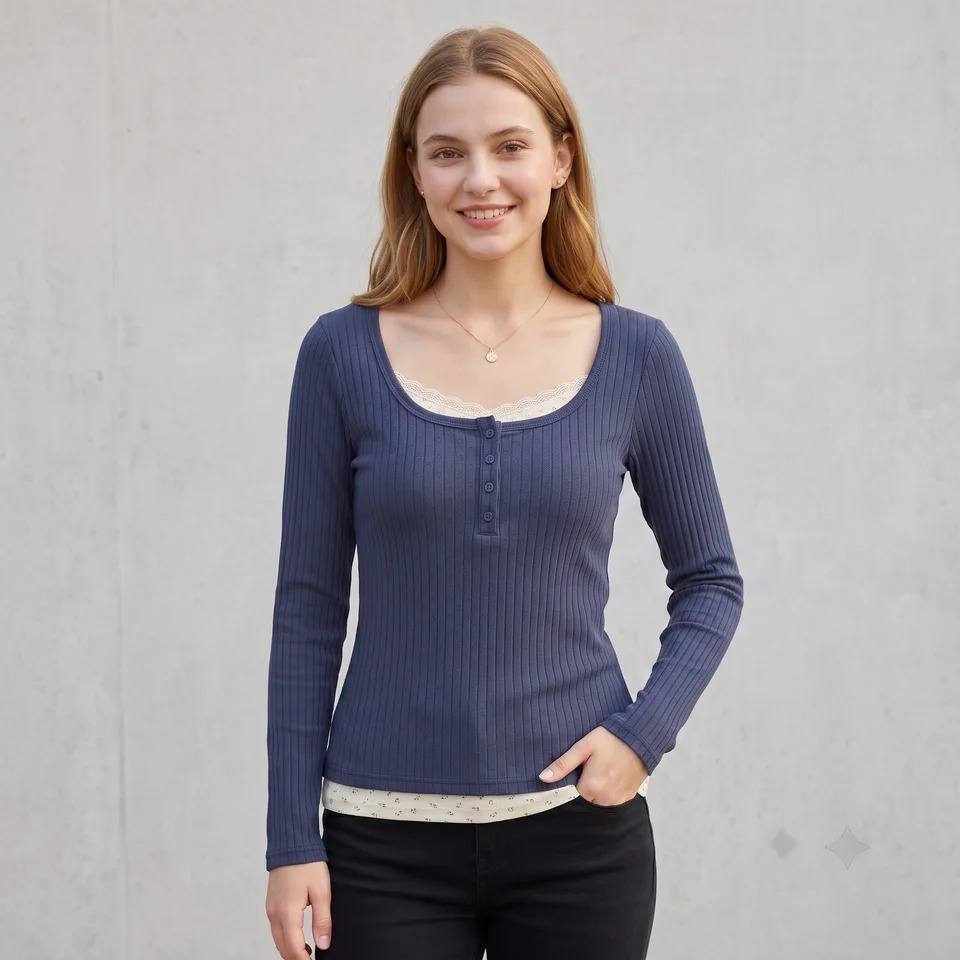 Women Vintage Faux Two-Piece Lace Patchwork T-Shirt Ribbed Knit Long Sleeve Top Square Neck Button Slim Y2K Casual Fall Tee 260920 - view 4