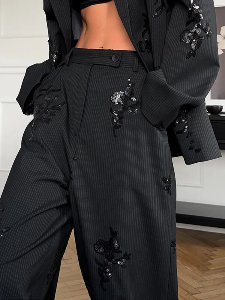 Black Sequin Embroidery Blazer 2 Piece Set Women Chic Full Sleeve Lapel V-neck Loose Wide Leg Pants Suit Lady Spring Autumn Wear 260922 - view 5
