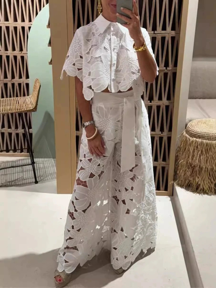 Women Set Short Sleeved Blouse Tops Tie-up Pants Two Peics set Lace Outfit Embroidery Retro Hollow Temperament Suit 260922