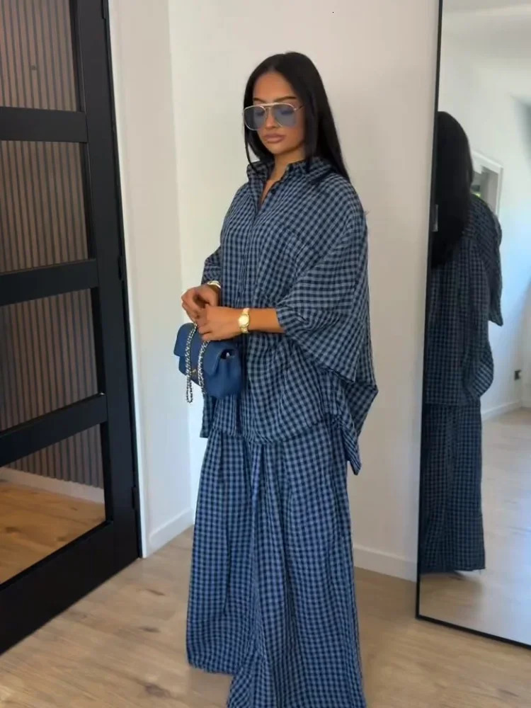 Loose Plaid Shirt Pants Two-piece Set Three Quarter Sleeve Oversize Blouses Wide Leg Pants Suit 2026 Fashion Women Casual Sets 260922 - view 6
