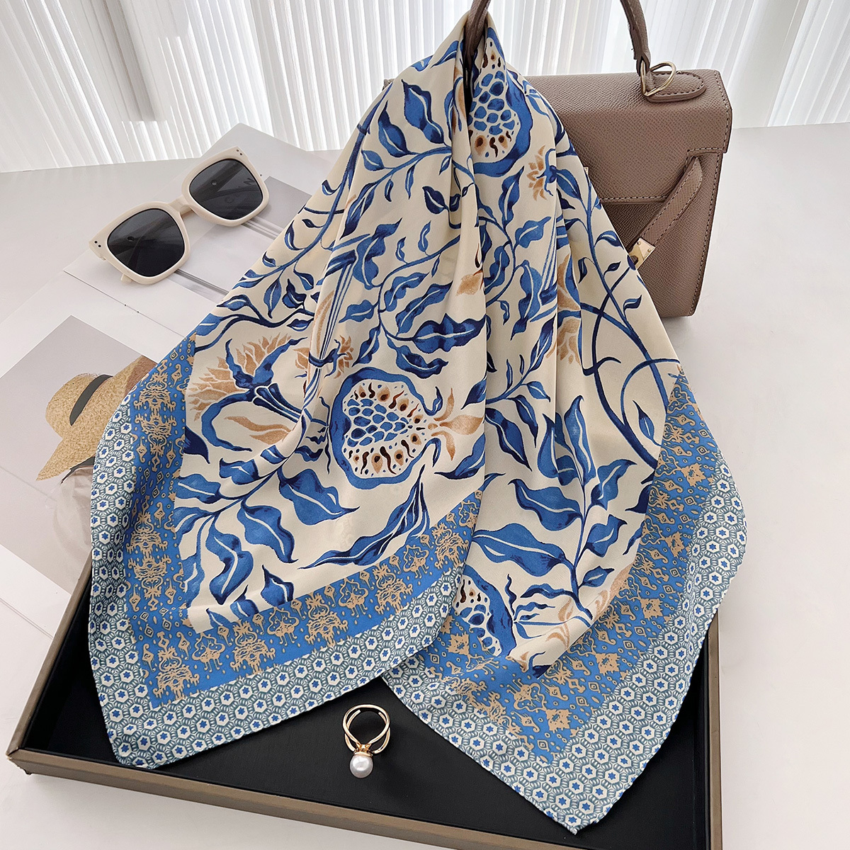 Summer blue leaf pattern silk scarf, new style women, with sophisticated look, practical gift for mothers, and a decorative scarf - view 3