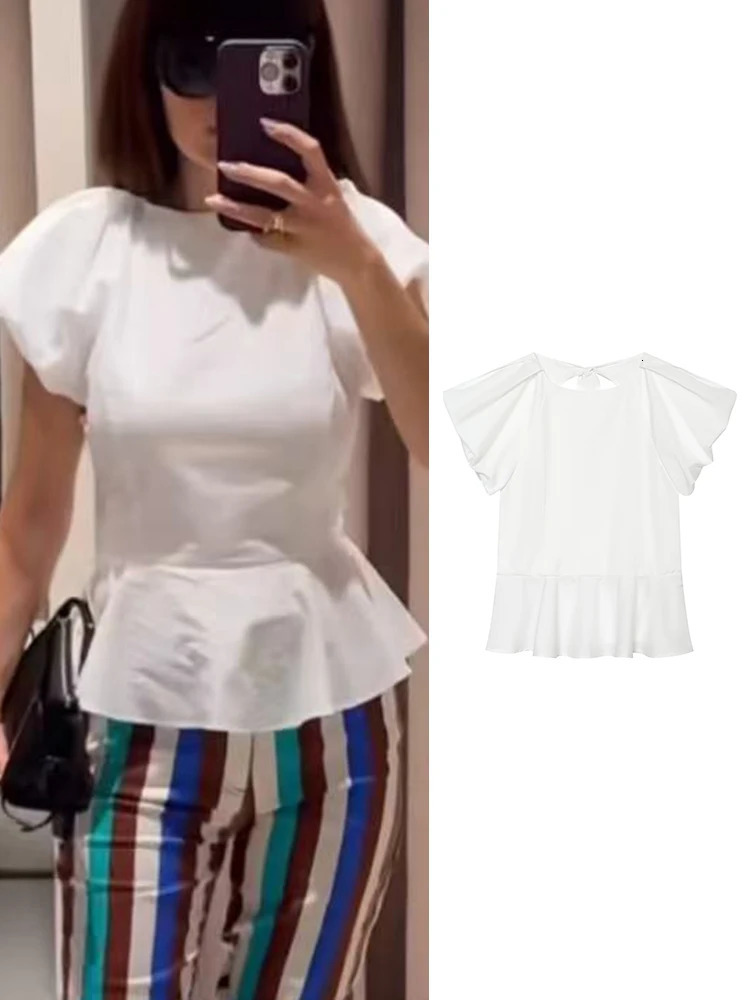 TFMLN Chic Women Blouse Round Neck Short Puff Sleeve Bow Decoration Folds Solid Shirts Fashion 2026 Summer Holiday Blouse 260924