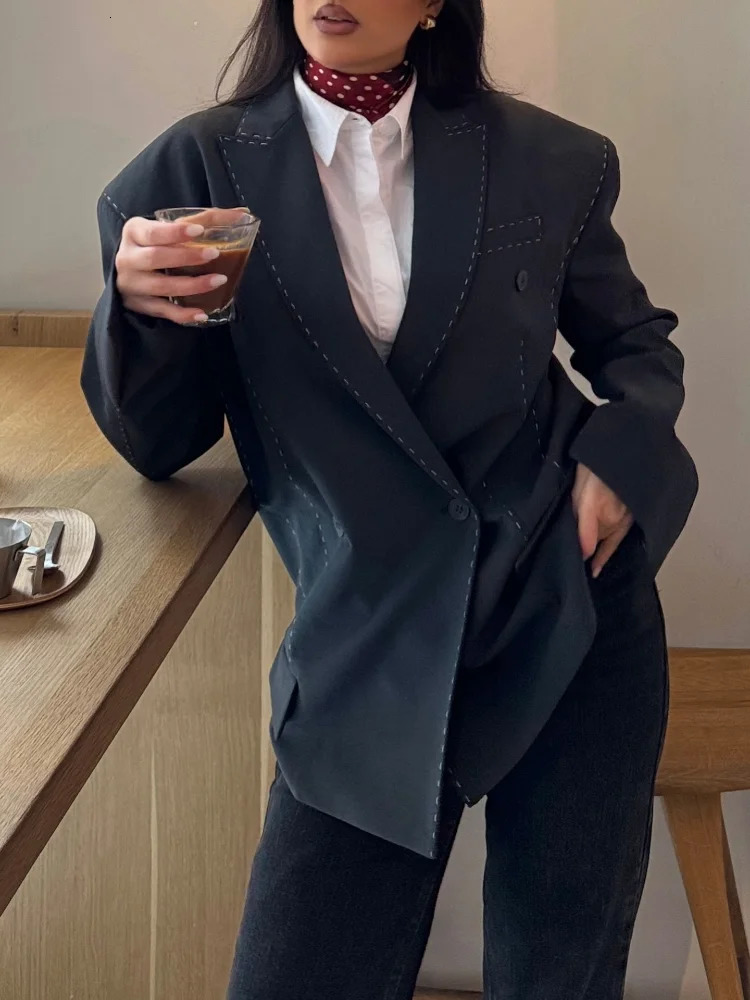 Casual Women Blazer Fashion Long Sleeve Pockets Double Breasted Female Coat Chic Spring Officewear Loose Clothing 2026 260924