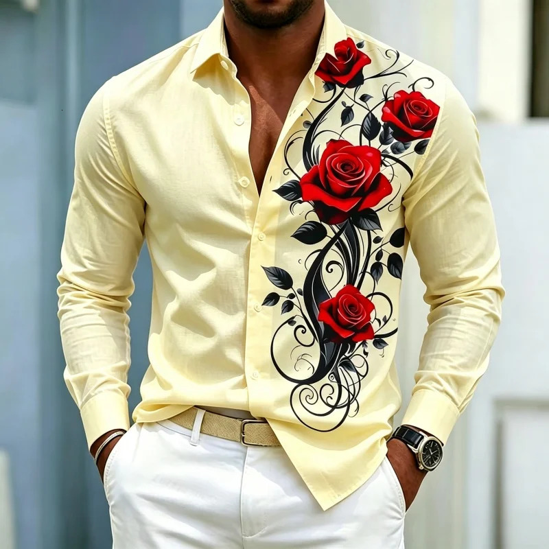 Men's shirt solid color lapel long sleeved with red rose vine pattern printed on one side slim fit casual trend 260923 - view 6