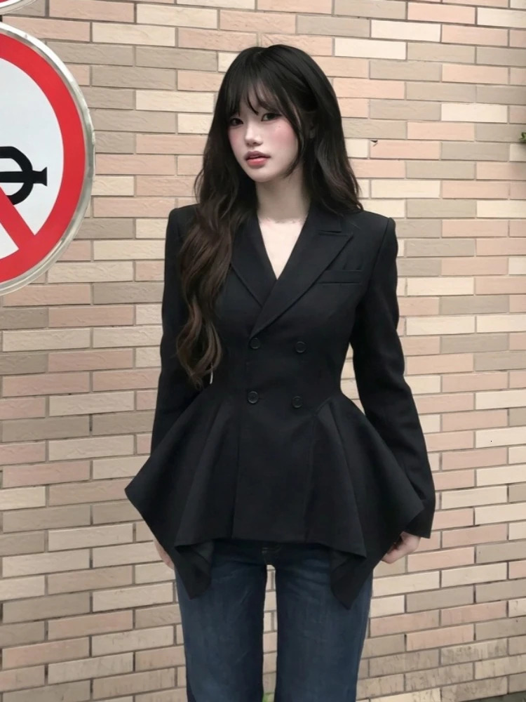 Elegant Autumn Unique Black Blazer Jacket Women Korean Fashion Double Breasted Waist Cinched Irregular Hem Office Casual Outfit 260924 - view 5