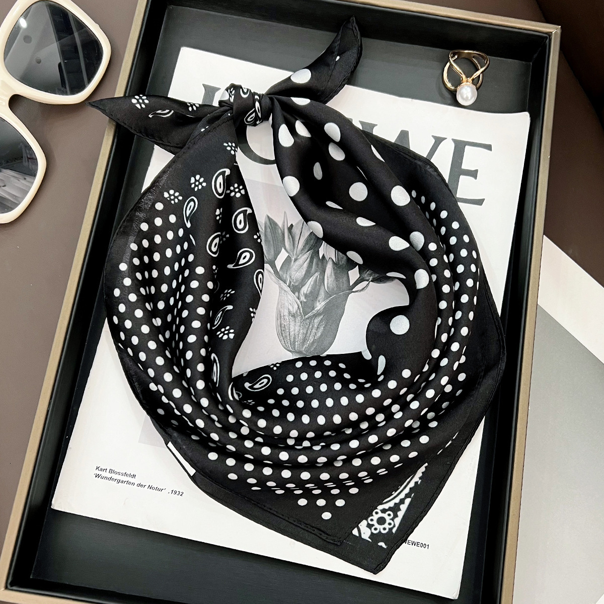 100% Mulberry Black Paisley Polka Dot Silk Elegant Fashion Versatile Decorative Neck Scarf Bag Tie - view 3