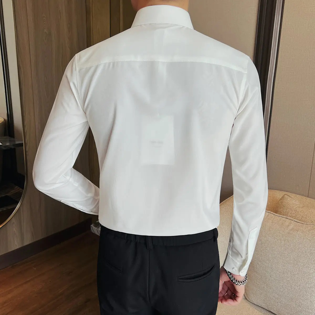 Men Business Shirt Long Sleeve Solid Black White Formal Dress Shirt Slim Metal Pin Collar n Office Work Wear Male Camisa 260922 - view 3