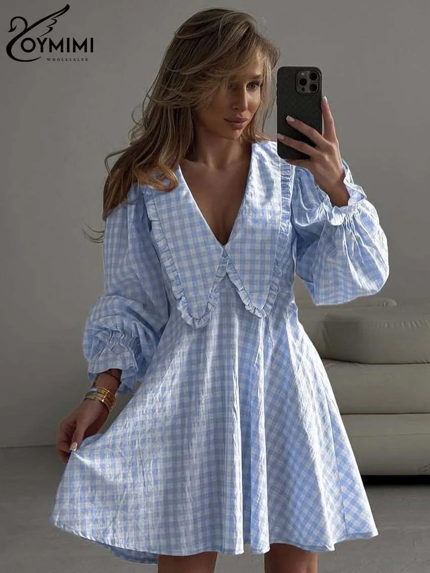 Oymimi Elegant Pink Print Womens Dresses Fashion Peter Pan Collar Long Sleeve Dresses Casual Loose Mini Dress Female Streetwear 260922 - view 3