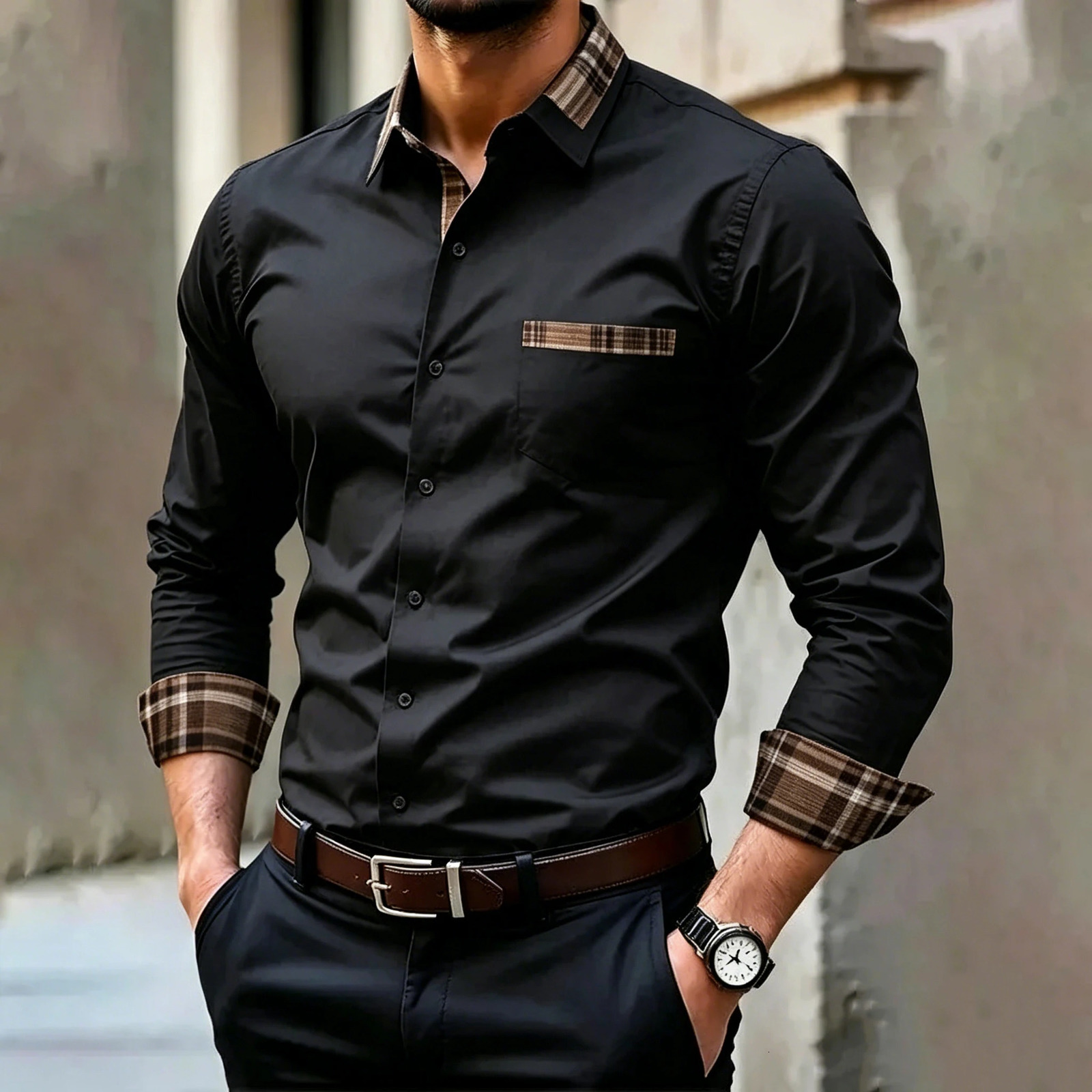 Men's Business Casual Shirt Plaid Patchwork Long Sleeve Dress Shirt Slim Fit Button Down Formal Office Blouse for Men White Red 260922 - view 3
