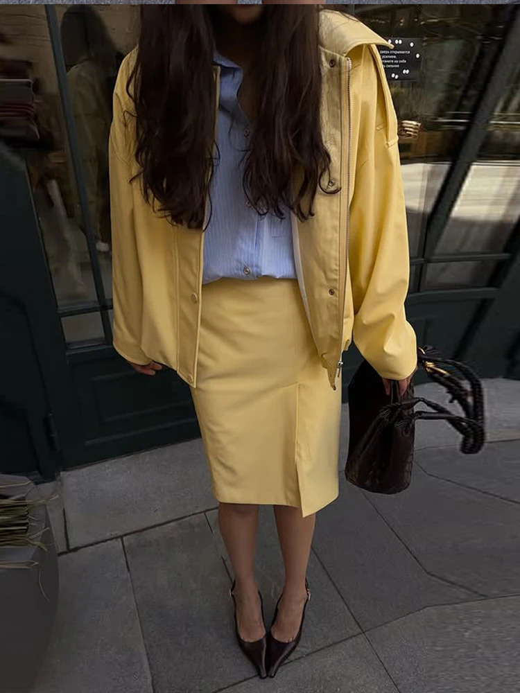 Casual Solid Jacket Skirt Set Women Lapel Button Zippers Coat Mid Split Hip Package Skirts Sets Female 2026 Autumn Lady Outfit 260924 - view 3