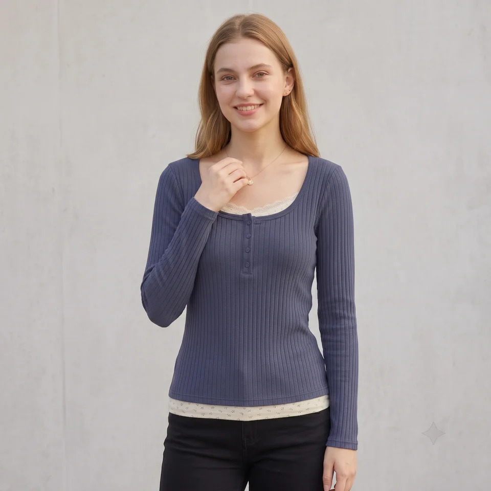 Women Vintage Faux Two-Piece Lace Patchwork T-Shirt Ribbed Knit Long Sleeve Top Square Neck Button Slim Y2K Casual Fall Tee 260920 - view 7