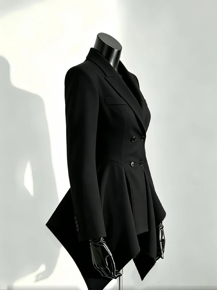 Elegant Autumn Unique Black Blazer Jacket Women Korean Fashion Double Breasted Waist Cinched Irregular Hem Office Casual Outfit 260924 - view 3