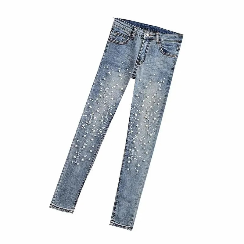 VWBQNZ Nailed Bead Jeans Women Spring/Summer Versatile Hole Breaking Elastic Skinny Pencil Pants Female Casual Denim Pants 260922 - view 6