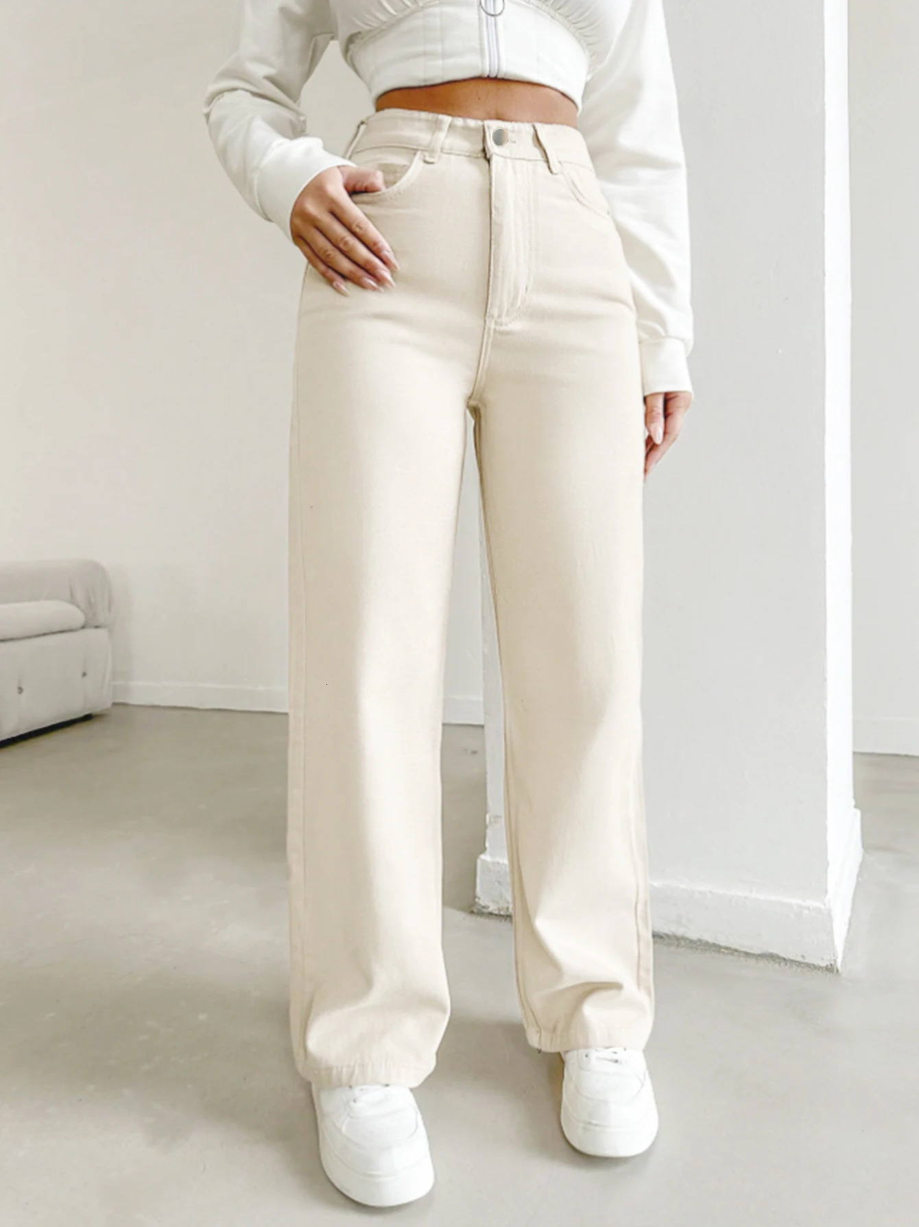 Women's autumn jeans made of cotton denim in a beige apricot color straight-leg slim fit high-waisted elastic waistband 260922 - view 4