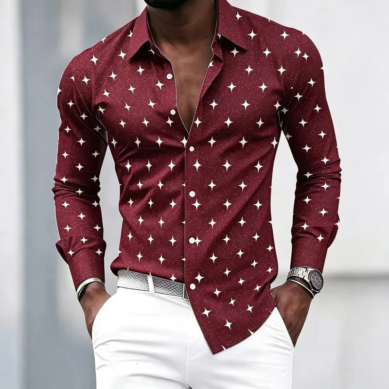 Men's Collared Long-Sleeved Shirt Classic Black Base with White Star Print Slim Fit Suitable for Commuting and Going out. 260923 - view 6