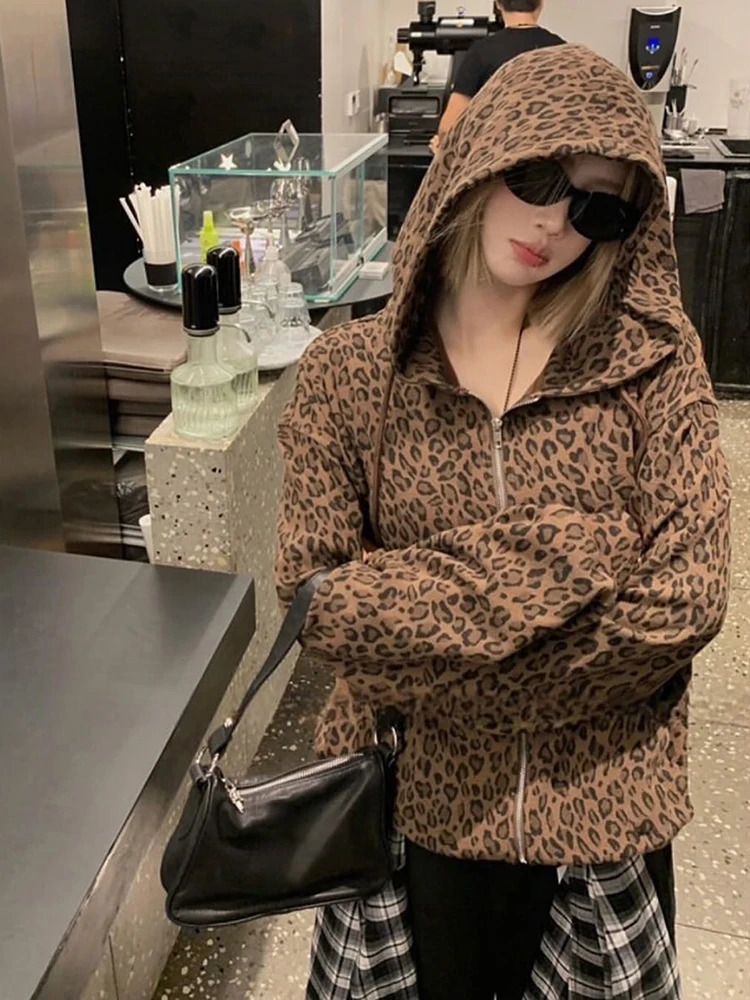 Y2K Leopard Print Hooded Jacket Women Full Zip Drawstring Hood Long Sleeve Loose Fit Streetwear Street Club Ladies Outerwear 260924 - view 6