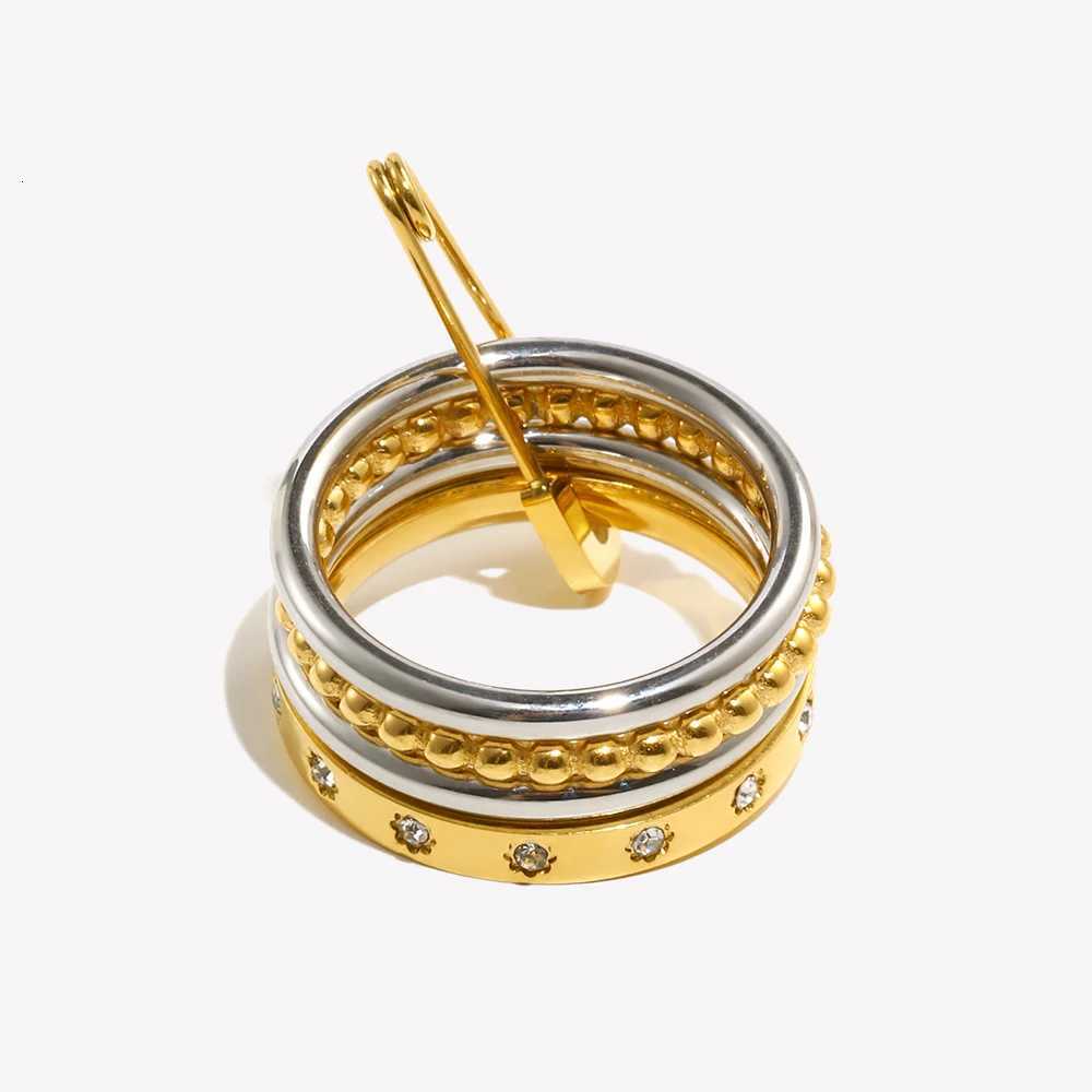Trendy E.B.belle Band Paper Rings Clip Double Color Four Layers Star Zircon Ring Women Stainless Steel 18K Gold Plated Statement Jewelry N260924 - view 7
