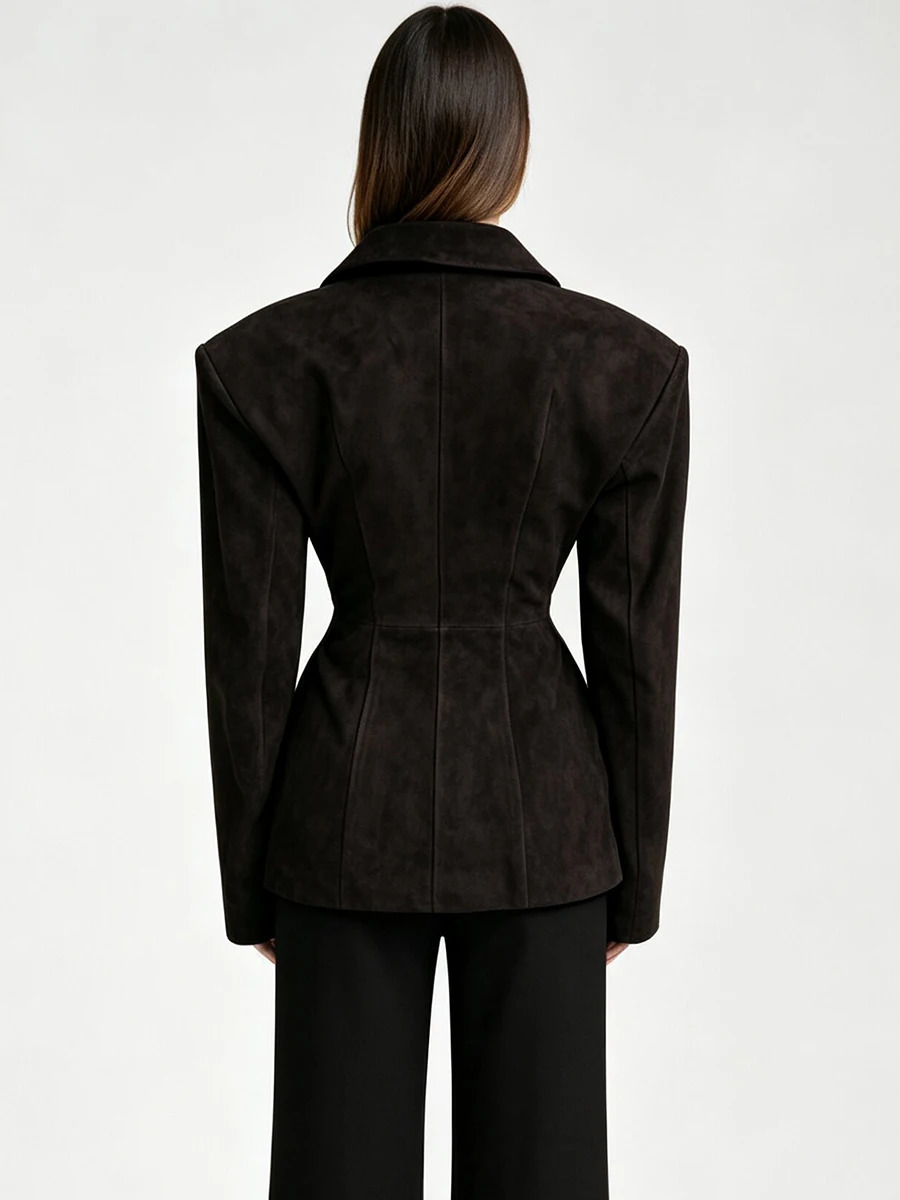 LIMO Women Dark Brown Suede Lapel Blazer Single Button Waist Tailored Slim Fit Pocket Long Sleeve Retro Elegant Casual Jacket 260924 - view 3
