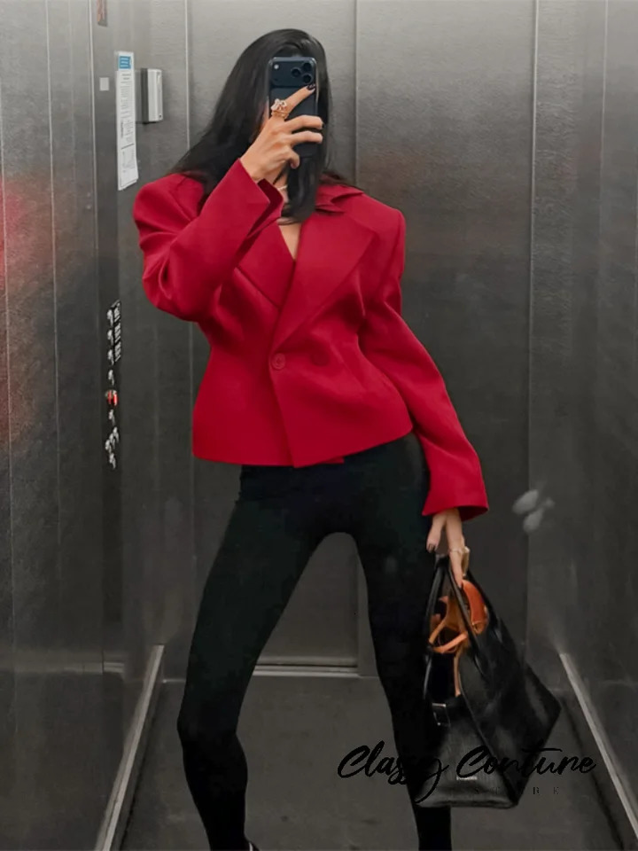 Women Red Lapel Cropped Blazer Shoulder Pads Double Breasted Long Sleeve Slim Short Jacket Elegant Party Fashion Outer Coats 260924