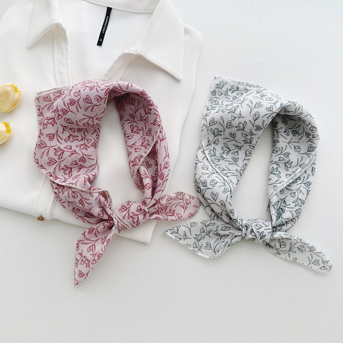 58 Floral Cotton Linen Small Square Women's Spring Summer Korean Style, Fresh Elegant, Neck Scarf, Hairband, and Headscarf