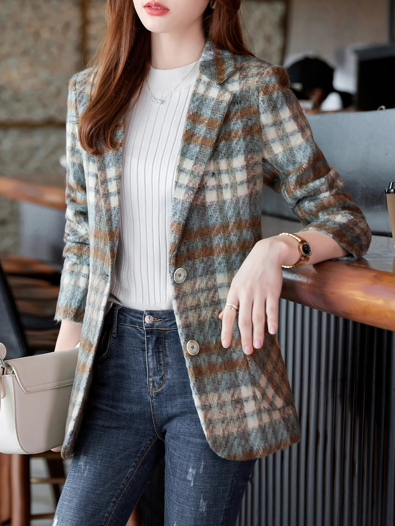 Tartan Wool Single-Breasted Blazer - High-End Versatile Stylish Commuter Professional Slim-Fit Jacket 260924 - view 7