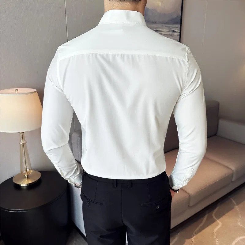 Men Dress Shirts British Style Stand Collar Formal Shirt Long Sleeve Business Casual Slim Fit Shirts Black White Men Clothing 260922 - view 3