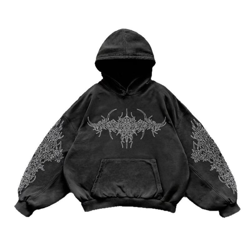 Unisex Heavyweight Washed Seraph Angel Print Hooded Sweatshirt Grunge Dark Gothic Style Long Sleeve Oversized Pullover Hoodie For Street Outfit - view 7
