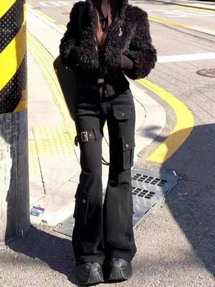 2026 Cyber Y2K Fashion Strap n Slim Stacked Flare Jeans Pants For Women Clothing Multi Pockets Lady Trousers Pantalon Femme 260922