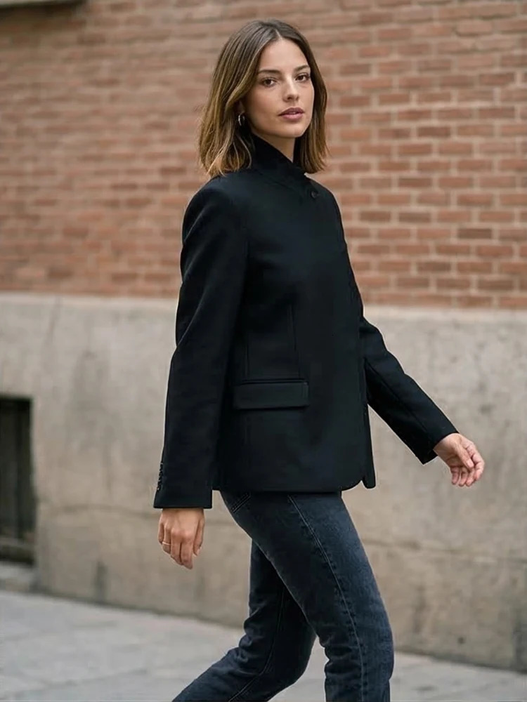 Willshela Women Fashion Solid Single Button Blazer Vintage Long Sleeves Half High Neck Female Office Lady Outfits 260924 - view 4