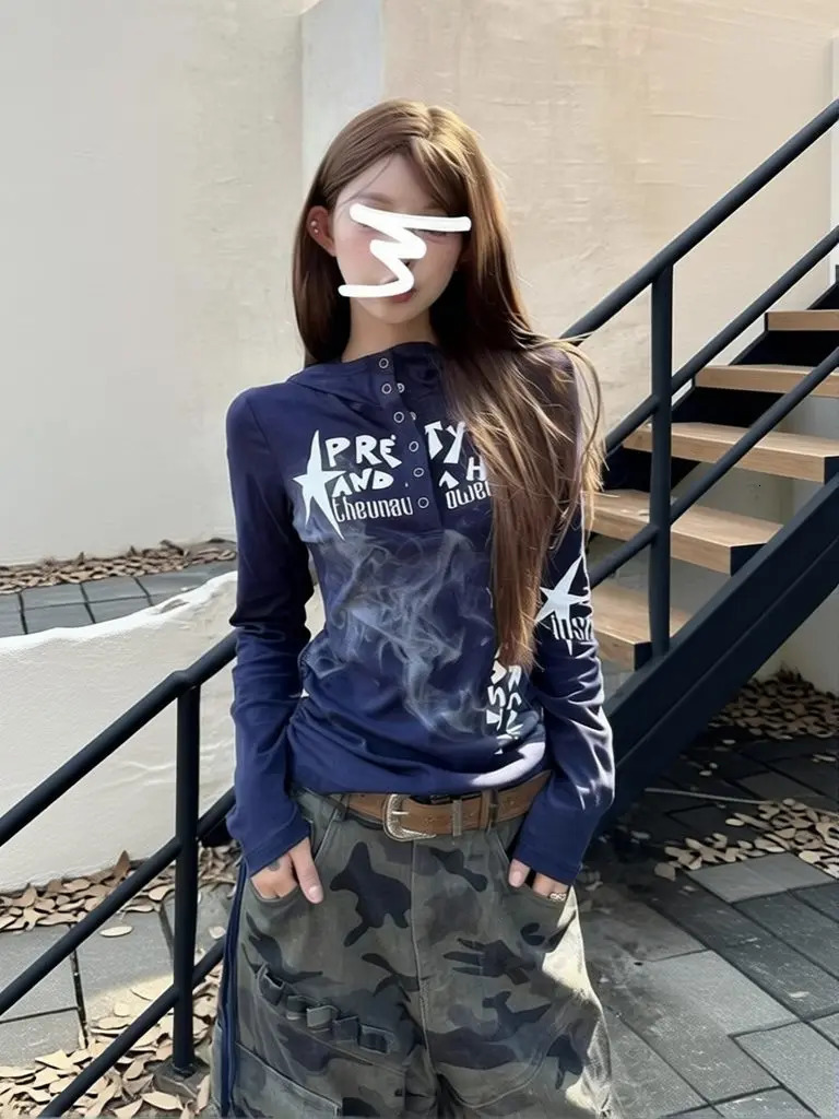 Button Hooded Y2k T Shirts Women Vintage 100% Cotton Long Sleeve Top Casual Basic T Shirt Autumn Spring Outwear Navy Blue 260920